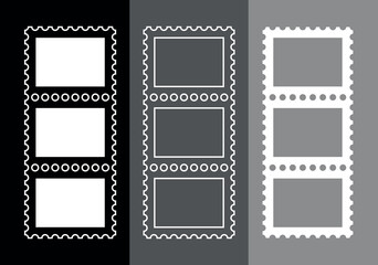 Postage stamp icons set. Symbol of mail, congratulations or postcards. Stamp for an envelope with a letter.