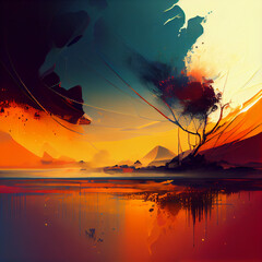 Fototapeta na wymiar sunset over the lake in abstract