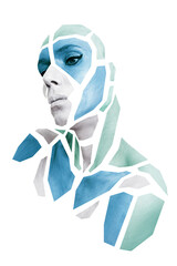 Portrait of  person with creative art colored makeup posing in the studio. Shape of gray and blue polygons on beautiful human face, neck, shoulders. Geometrical pattern isolated on white background.
