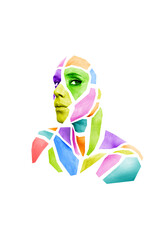 Portrait of  person with creative art colorful makeup posing in the studio. Shape of multicolored polygons on beautiful human face, neck, shoulders. Geometrical pattern isolated on white background.
