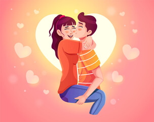 Happy loving couple kissing celebrating valentine's day. Sweet couple on coral background. Boy holding and lifting up his girlfriend. Use in banner, poster, sticker, blogging, and promotion materials.