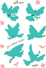 シンプル＆ミニマムな手描きイラスト。
平和の象徴ハトがオリーブの小枝を咥えて飛んでいる