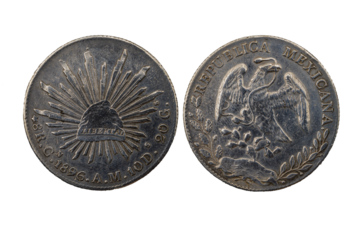 Moneda de 8 reales 1896, República Mexicana, Anverso 8R C 1896 y Reverso Aguila devorando una serpiente