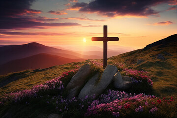 Religious cross on hilltop with beautiful sunset. Conceptual Christian art - obrazy, fototapety, plakaty
