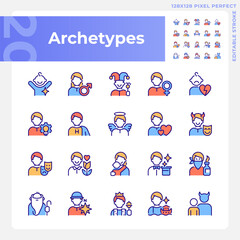 Character archetypes pixel perfect RGB color icons set. Psychoanalytic theory. Personal characteristics. Isolated vector illustrations. Simple filled line drawings collection. Editable stroke