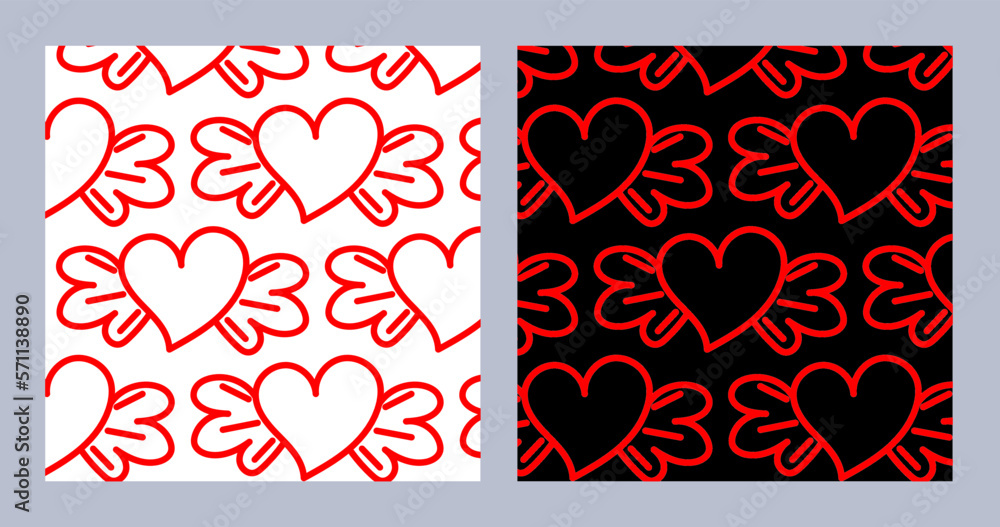 Poster modern design set of red hearts with wings hand drawn pattern. valentine's day. woman's day. seamles