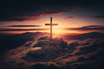 Wooden cross silhouette on hilltop with sunset created with Generative AI