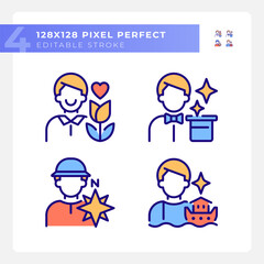 Fototapeta premium Male archetypes pixel perfect RGB color icons set. Personality traits. Psychoanalytic theory. Lover, magician. Isolated vector illustrations. Simple filled line drawings collection. Editable stroke
