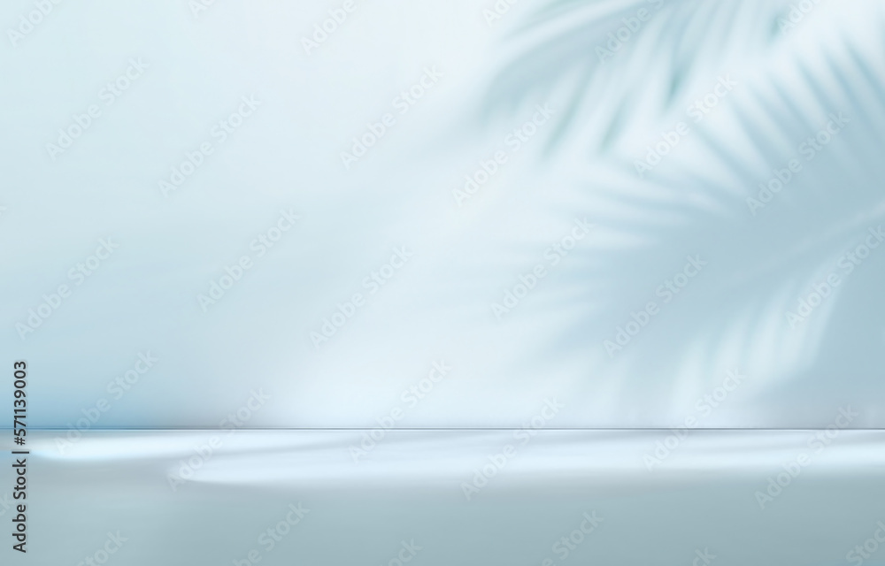 Aufkleber Blurred shadow from palm leaves on the light blue wall. Minimal abstract background for product presentation. Spring and summer.