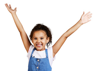 A mixed race kid girl showing surprise with her hands raised. Happy and carefree kid lifting her...