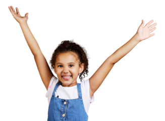 A mixed race kid girl showing surprise with her hands raised. Happy and carefree kid lifting her hands upwards isolated on a png background.