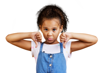 A mixed race girl giving thumbs down isolated on a png background. Unhappy and upset kid being negative and saying, I disagree or disapprove
