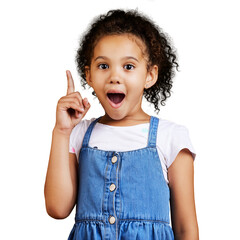 An excited little mixed race girl pointing upwards towards copyspace isolated on a png background....