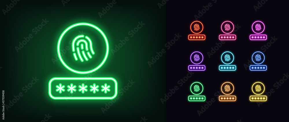 Poster outline neon id password icon set. glowing neon input password with fingerprint sign, biometric id l