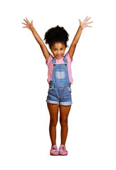 A cute hispanic excited mixed race girl showing surprise with her hands raised with joy isolated on...