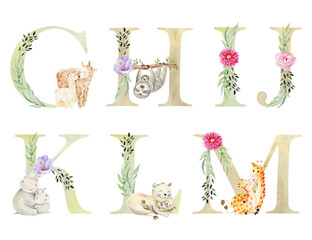 Watercolor letters with mom and baby animals for invitation card, nursery poster and other.