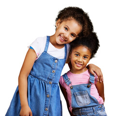 A happy mixed race girl sisters or a carefree kids standing together and posing togeter isolated on...