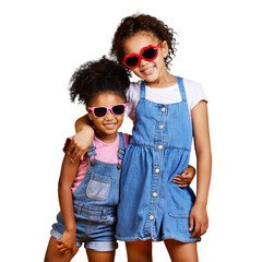 A portrait two mixed race girl sisters wearing funky sunglasses. Happy and carefree kids imagining...