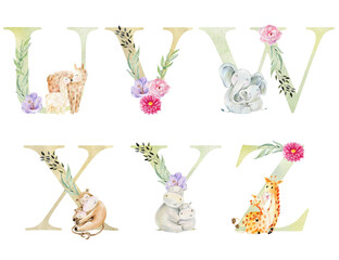 Mom and baby animals. Watercolor letters for invitation card, nursery poster and other.