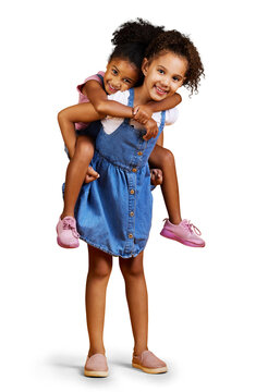 A mixed race girl piggybacking her sister, sibling or friend. A Happy and carefree kids playing together and bonding isolated on a png background.