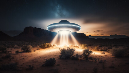 Alien Spaceship Landing in Desert at Night with Bright Beam of Light