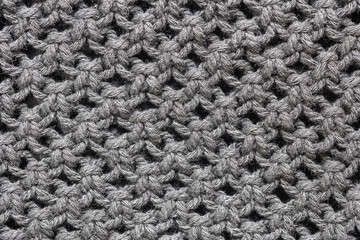 Knitwear background. Black woolen fabric texture. Warm jumper closeup. Yarn textile backdrop. Handmade sweater texture. Dark cotton pattern.