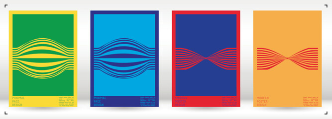 Geometrical Poster Design with Optical Illusion Effect.  Modern Psychedelic Cover Page Collection. Colourful Wave Lines Background. Fluid Stripes Art. Swiss Design. Vector Illustration for Brochure.