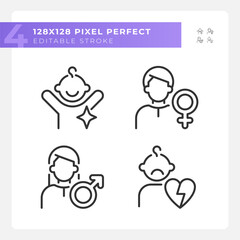 People pixel perfect linear icons set. Character archetypes. Anima and animus. Child, orphan. Family members. Customizable thin line symbols. Isolated vector outline illustrations. Editable stroke