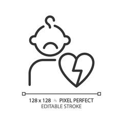 Orphan pixel perfect linear icon. Archetype. Abandoned child. Pattern of human behavior. Literature character. Thin line illustration. Contour symbol. Vector outline drawing. Editable stroke