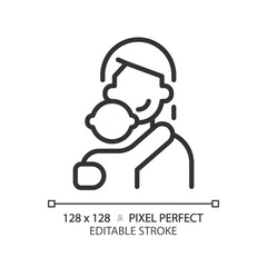 Mother pixel perfect linear icon. Female character archetype. Represent love and care. Compassionate person. Thin line illustration. Contour symbol. Vector outline drawing. Editable stroke