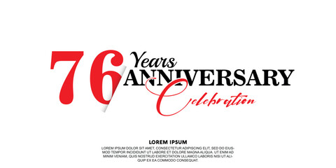 Fototapeta na wymiar 76 year anniversary celebration logo vector design with red and black color on white background abstract 