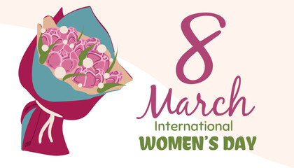 International Women s Day. Banner, flyer for March 8 decorating by paper flowers and hand drawn lettering. Congratulating and wishing happy holiday card for newsletter, brochures, postcards. Vector.