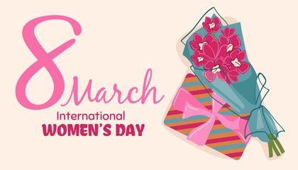 International Women s Day. Banner, flyer for March 8 decorating by paper flowers and hand drawn lettering. Congratulating and wishing happy holiday card for newsletter, brochures, postcards. Vector.