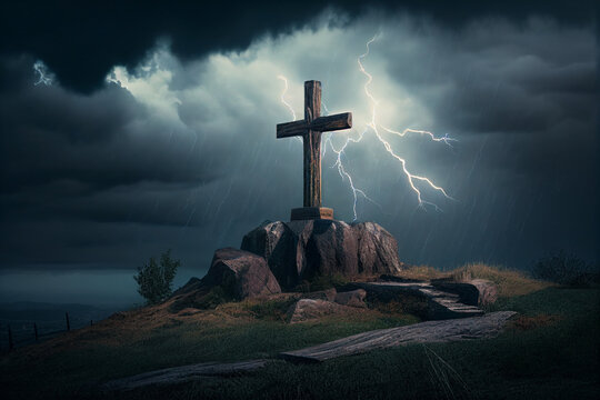 Wooden cross on top of hill with a thunderstorm created with Generative AI