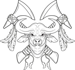 Buffalo head on a white background and crossed axes. Black and white freehand drawing. Vector image. Tattoo sketch.
