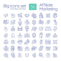 Affiliate marketing linear icons set. Business online. Products performance network. Commercial cooperation. Customizable thin line symbols. Isolated vector outline illustrations. Editable stroke