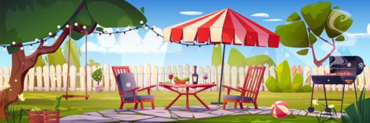 Plakat BBQ party on backyard. House patio with fence, furniture for picnic with barbecue, green grass and tree. Summer landscape of yard with table, umbrella, grill and swing, vector cartoon illustration