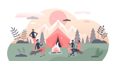 Campfire or fireplace camping adventure with friends tiny persons concept, transparent background.Outdoor tourism with overnight in forest or foods with tents illustration.