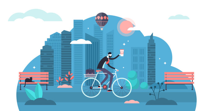 Bike ride illustration, transparent background. Flat tiny cycling work route persons concept. Urban transportation lifestyle with health and sports benefits.