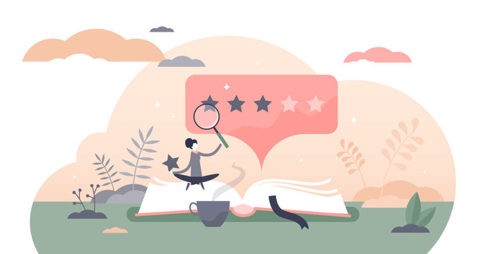 Book review illustration, transparent background. Reading feedback flat tiny persons concept. Literature professional analysis for quality rating assessment and appraisal. Choice report scene.