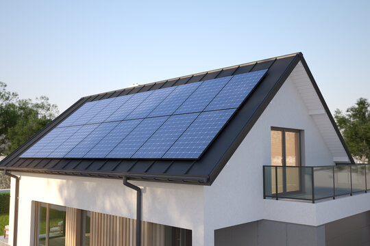 Solar panels on roof of the modern single family house, 3D illustration