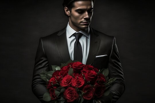 Portrait of a handsome man in pinstriped, tuxedo holding roses, AI generated, image does not represent an actual person or model.