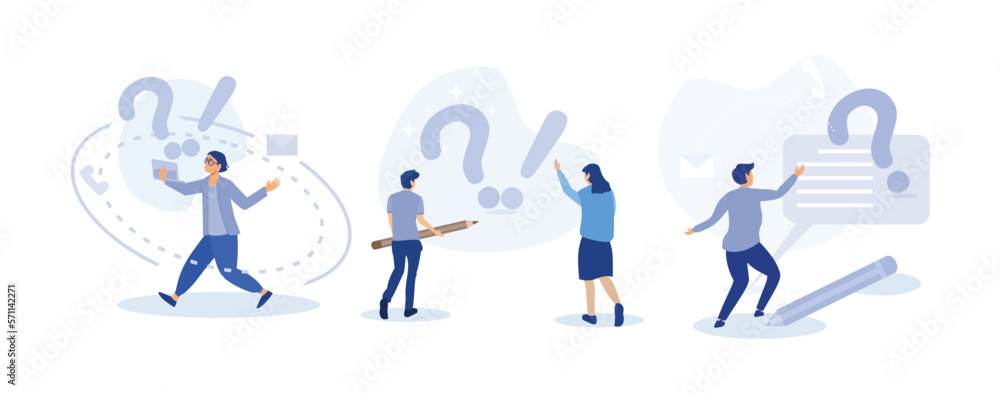 Poster people characters standing near exclamation and question marks. woman and man ask questions and rece