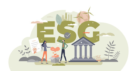 ESG environmental social governance as green company development strategy tiny person concept, transparent background. Ecological resource consumption and renewable energy usage.