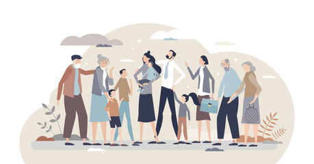 Extended and happy family portrait with all siblings together tiny person concept, transparent background. Harmony and happiness with cheerful togetherness time illustration.