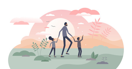 Fatherhood kids caring as dad and children family model tiny persons concept, transparent background. Husband relationship with infant daughter and son illustration.