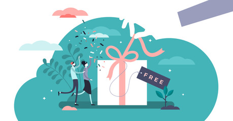 Free gift marketing lead magnet strategy flat tiny person concept illustration, transparent background.