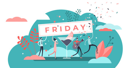 Fototapeta na wymiar Friday illustration, transparent background. Flat tiny last work week day persons concept. Happy holiday celebration with alcohol drinks, festive mood and cheerful atmosphere.