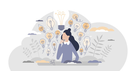 Gather ideas female as creativity and brainstorm results tiny person concept, transparent background. Innovative and creative woman with many smart solutions to choose from illustration.