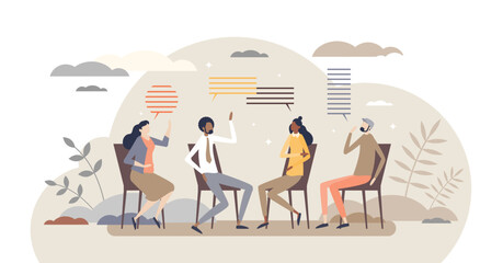Group therapy as psychologist session conversation tiny person concept, transparent background. Talking treatment for mental health problems or addiction illustration. Anonymous trust meeting.